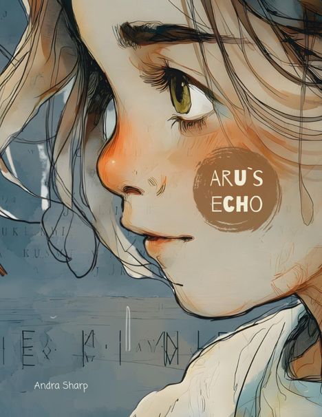 "ARU'S ECHO" in weißen Buchstaben. Illustration zeigt das Gesicht eines Kindes mit ausdrucksstarken Augen und Haaren.