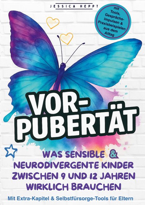 Text: "VOR-PUBERTÄT" und weitere Infos zur Unterstützung von Kindern. Ein blau-violetter Schmetterling ist zentral.