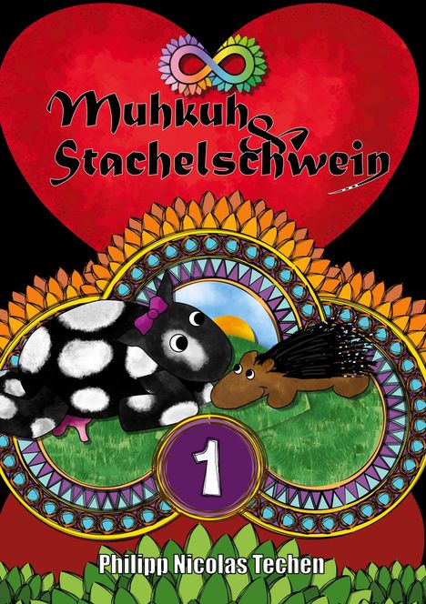 "Muhkuh & Stachelschwein", bunte Illustration: Kuh und Stachelschwein auf einer Wiese, großes rotes Herz im Hintergrund.