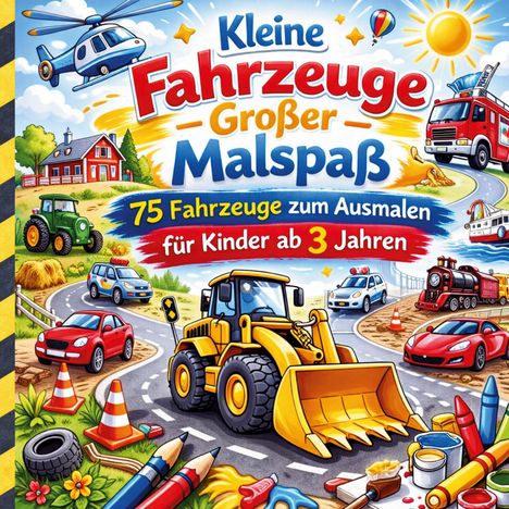 "Kleine Fahrzeuge – Großer Malspaß" zeigt bunte Fahrzeuge wie Bagger, Hubschrauber und Traktor in einer fröhlichen Landschaft.