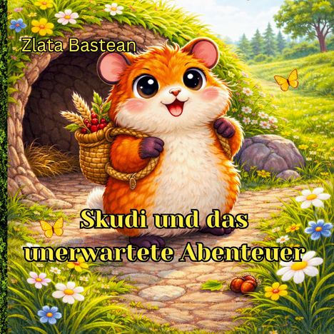 „Zlata Bastean“, „Skudi und das unerwartete Abenteuer“. Illustration: fröhlicher Hamster mit Rucksack vor einem Erdhügel.