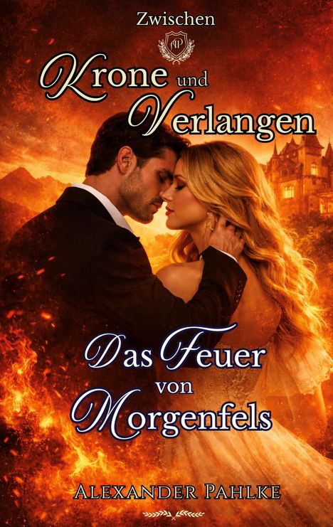 Zwischen Krone und Verlangen: Das Feuer von Morgenfels. Ein Paar vor einem brennenden Hintergrund mit Burg.