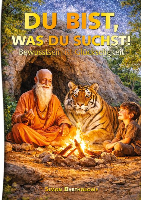 "DU BIST, WAS DU SUCHST! Bewusstsein ist Glückseligkeit." Ein Mann, ein Tiger und ein Kind sitzen am Lagerfeuer.