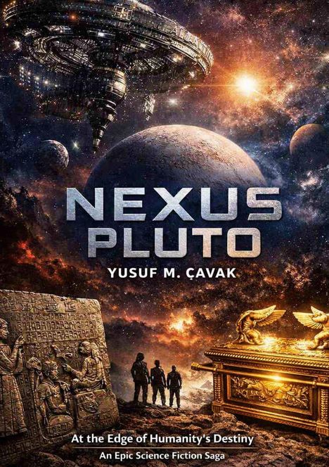 "NEXUS PLUTO, Yusuf M. Çavak. At the Edge of Humanity's Destiny. Eine epische Sci-Fi Saga." Raumstation, Planeten, Relieftafel.