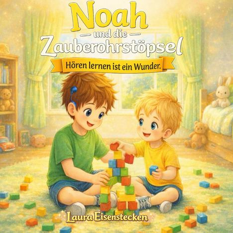 „Noah und die Zauberohrstöpsel. Hören lernen ist ein Wunder.“ Zwei Kinder spielen mit Bauklötzen im Kinderzimmer.