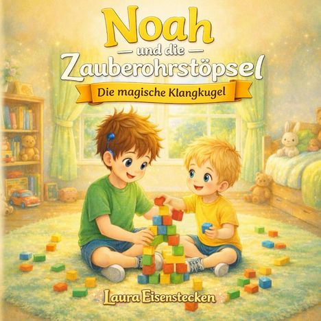 „Noah und die Zauberohrstöpsel: Die magische Klangkugel“ von Laura Eisenstecken. Zwei Kinder spielen mit Bauklötzen.