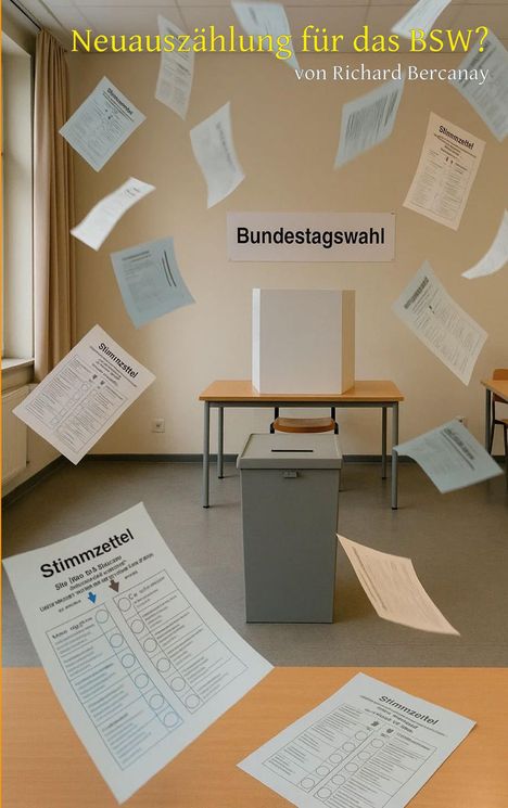 Text: "Neuauszählung für das BSW?" und "Bundestagswahl". Wahlscheine fliegen in einem leeren Raum mit Wahlurne herum.