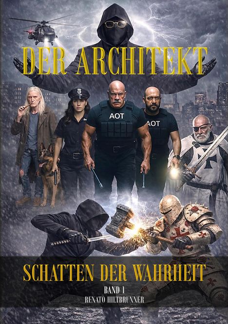 "DER ARCHITEKT", "SCHATTEN DER WAHRHEIT", "BAND 1", "RENATO HILTBRUNNER". Illustration mit Figuren, Waffen und Gewitter.