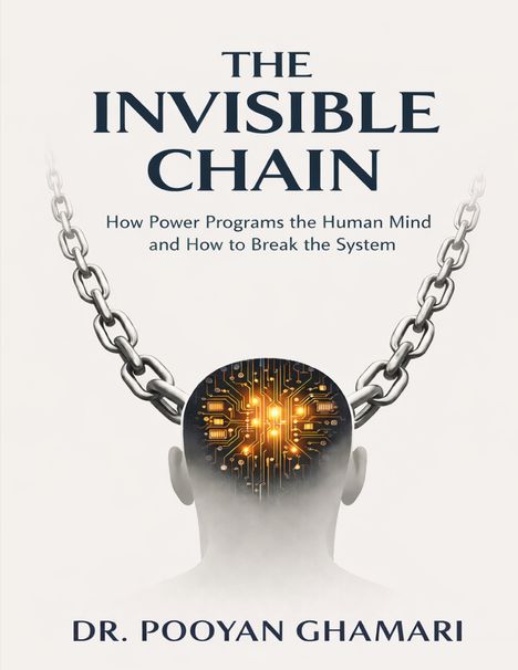 Oberer Text: "The Invisible Chain". Illustration: Mensch mit Ketten am Gehirn, das wie ein Schaltkreis aussieht.