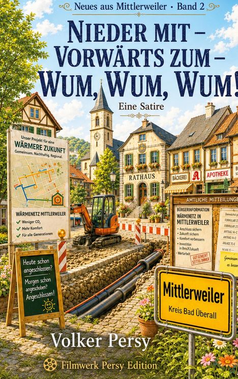 "Nieder mit – Vorwärts zum – Wum, Wum, Wum! Eine Satire. Schild: Mittlerweiler, Kreis Bad Überall. Baustelle vor Rathaus."