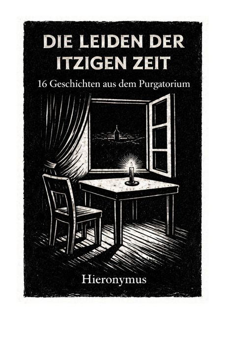 "Die Leiden der itzigen Zeit" oben, "16 Geschichten aus dem Purgatorium" darunter, "Hieronymus" unten. Holzschnitt-Illustration: Innenraum mit Tisch, Stuhl, Kerze am Fenster.
