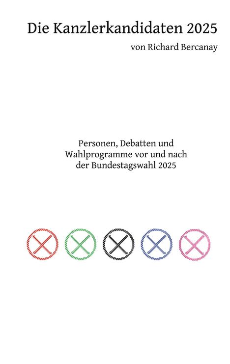 "Die Kanzlerkandidaten 2025" von Richard Bercanay. Bunte Kreise mit Kreuzen unten.