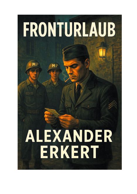 "FRONTURLAUB" und "ALEXANDER ERKERT" in großen Buchstaben. Drei Soldaten, einer liest einen Brief, warme Straßenbeleuchtung.