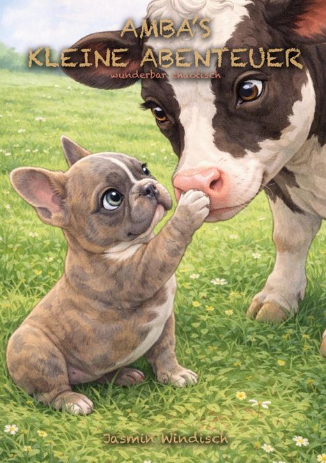 Text: "AMBA'S KLEINE ABENTEUER wunderbar chaotisch Jasmin Windisch". Illustration: Ein Welpe berührt sanft die Nase einer Kuh.