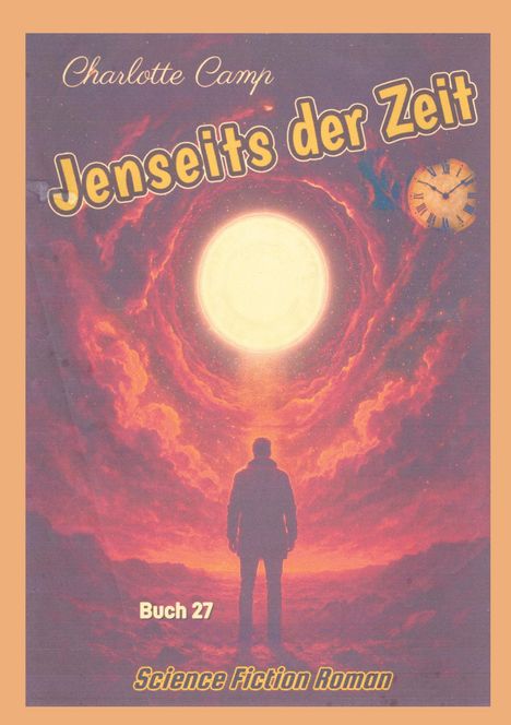 "Jenseits der Zeit", Buch 27. Eine Silhouette schaut in eine helle Sonne, umgeben von roten Wolken und einer Uhr.