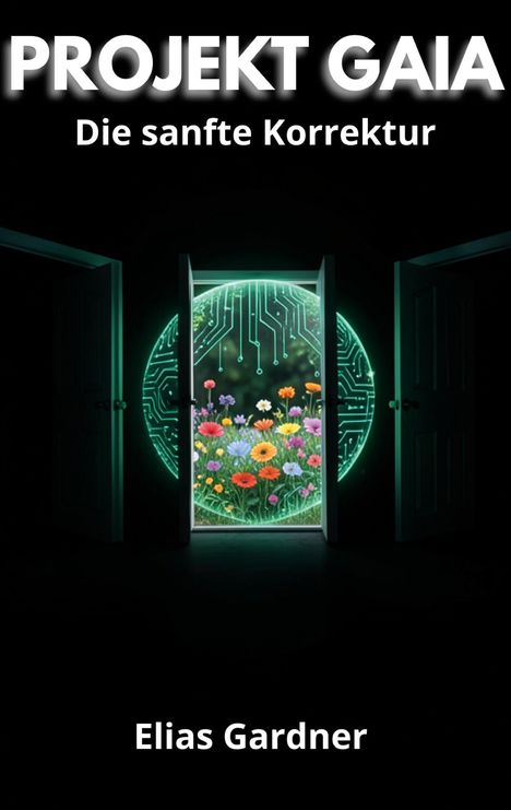 „PROJEKT GAIA: Die sanfte Korrektur“ und „Elias Gardner“. Eine offene Tür zeigt Blumen vor einem leuchtenden Schaltkreis.