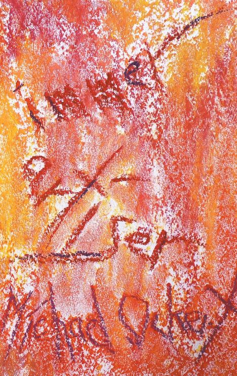 Textstellen: unleserlich, scheinen künstlerisch verwischt. Hintergrund: kräftige Rottöne und Orangen, pastellartig verwischt.