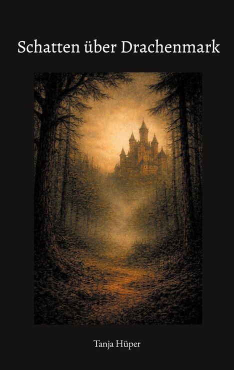 "Schatten über Drachenmark. Tanja Hüper." Illustration eines Waldes mit einem Schloss im Nebel, düster und geheimnisvoll.