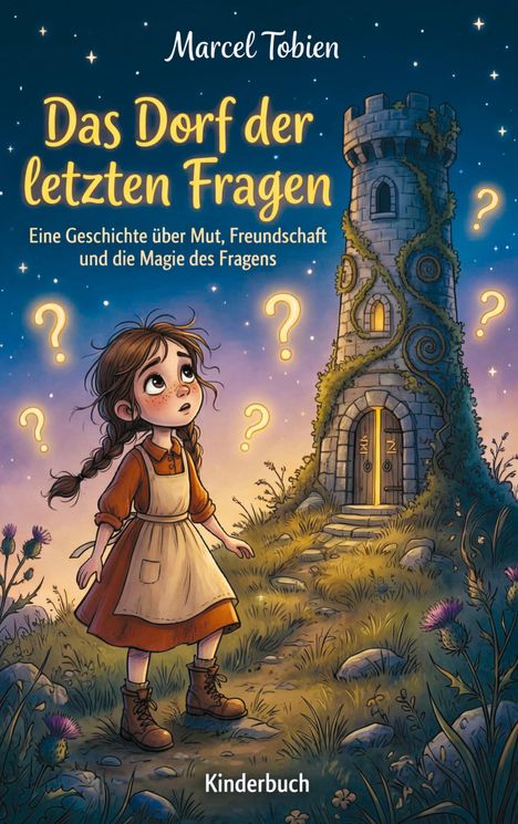 "Das Dorf der letzten Fragen. Eine Geschichte über Mut, Freundschaft und die Magie des Fragens. Kinderbuch." Mädchen vor Turm.