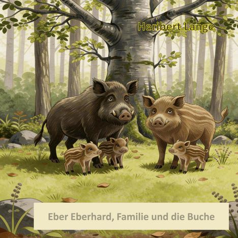 Text: "Heribert Lange", "Eber Eberhard, Familie und die Buche". Illustration: Wildschwein-Familie im Wald unter einer Buche.