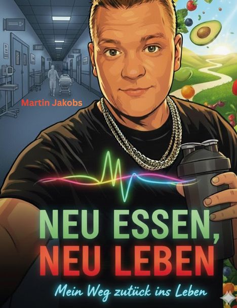 Text: "NEU ESSEN, NEU LEBEN. Mein Weg zurück ins Leben. Martin Jakobs." Illustration von einer Person mit Proteinshake, gesunde Lebensmittel im Hintergrund.