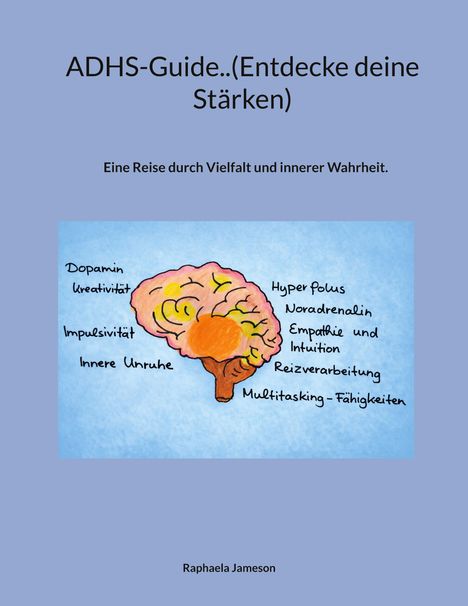 ADHS-Guide (Entdecke deine Stärken). Eine Reise durch Vielfalt. Bild eines Gehirns mit verschiedenen Begriffen wie Kreativität.