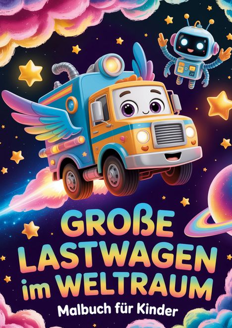 "GROßE LASTWAGEN im WELTRAUM, Malbuch für Kinder." Ein bunter Lastwagen mit Flügeln und ein freundlicher Roboter im Weltraum.