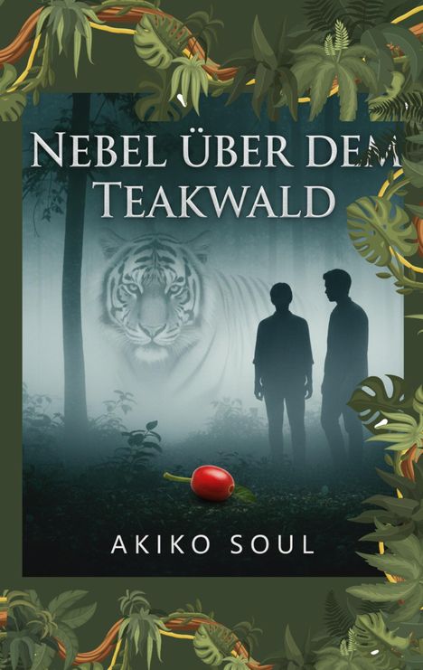 Titel: "Nebel über dem Teakwald". Autor: "Akiko Soul". Zwei Silhouetten, Tiger und Dschungel.