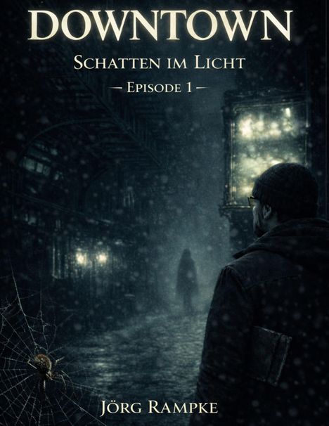 "DOWNTOWN: Schatten im Licht - Episode 1" von Jörg Rampke. Eine dunkle, regnerische Straßenszene, Spinne im Netz.