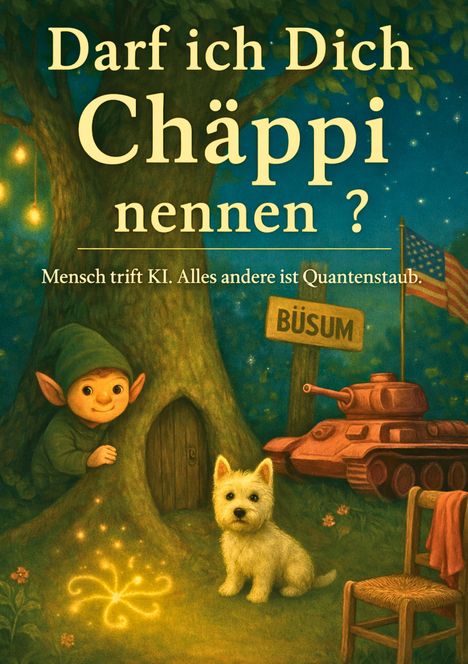 "Darf ich Dich Chäppi nennen? Mensch trifft KI. Alles andere ist Quantenstaub." Ein Elf, Hund, Panzer und US-Flagge.
