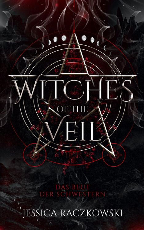 "WITCHES OF THE VEIL", darunter "Das Blut der Schwestern". Name: "Jessica Raczkowski". Dunkles Design mit magischen Symbolen.