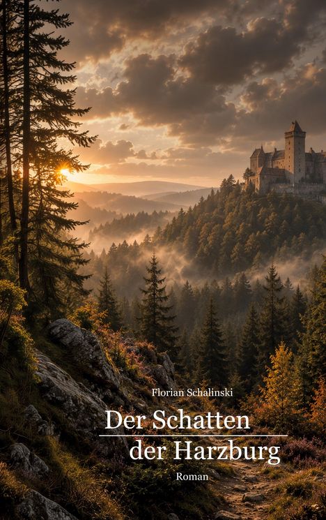 „Florian Schalinksi, Der Schatten der Harzburg, Roman.“ Herbstliche Waldszene mit einer Burg auf einem Hügel im Hintergrund.