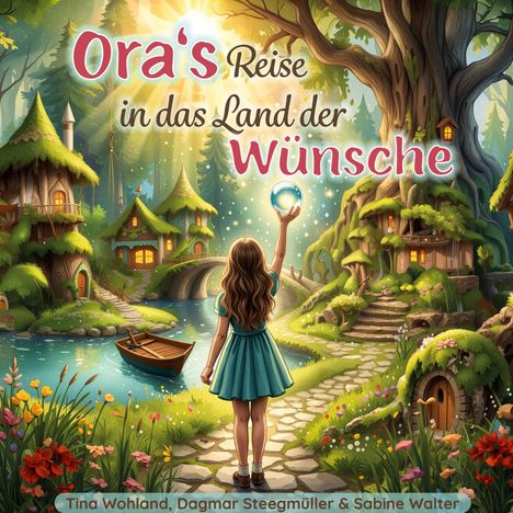 „Ora's Reise in das Land der Wünsche“ steht in einer Märchenlandschaft mit magischen Häusern und einem Mädchen mit leuchtender Kugel.