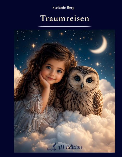 "Stefanie Berg, Traumreisen, 3H Edition." Ein Kind mit langer, dunkler Haare und eine Eule sitzen auf Wolken mit Sternenhimmel.