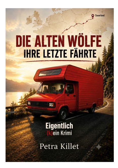 "Die alten Wölfe: Ihre letzte Fährte. Eigentlich (k)ein Krimi. Petra Killet." Rotes Wohnmobil bei Sonnenuntergang am See.