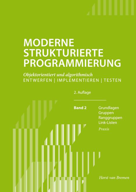 „Moderne strukturierte Programmierung“ mit Untertitel über objektorientierte Entwicklung. Grün-orange Gestaltung.