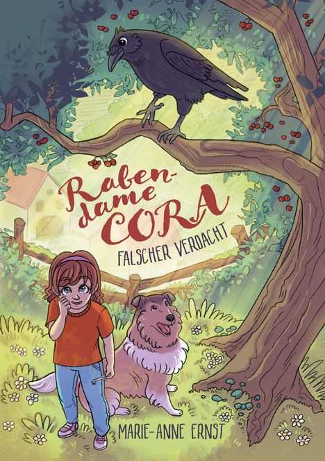 "Rabendame Cora: Falscher Verdacht" und "Marie-Anne Ernst" auf einem bunten Cover mit Kind, Hund und Rabe im Baum.
