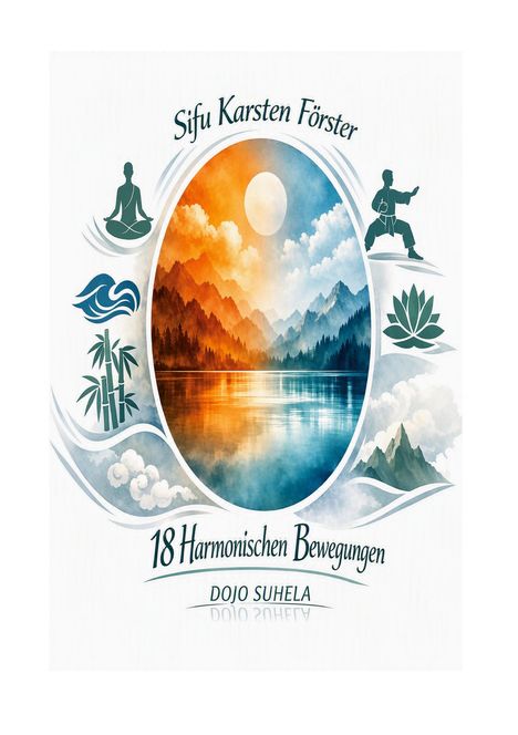 „Sifu Karsten Förster, 18 Harmonischen Bewegungen, Dojo Suhela.“ Horizontale Berglandschaft, meditierende und übende Figuren.