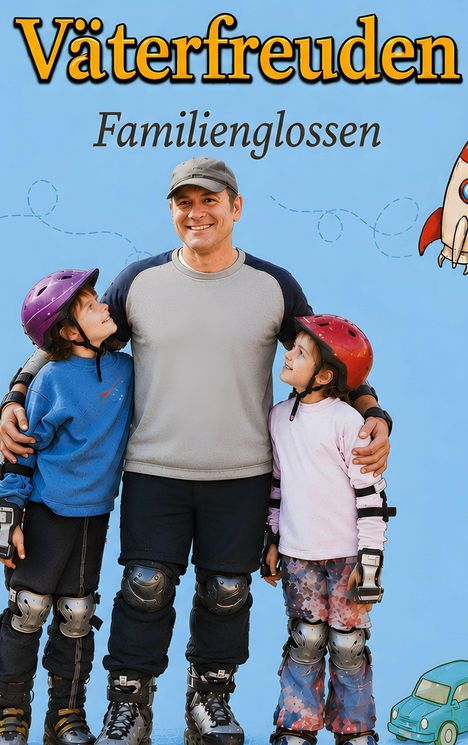 Text: "Väterfreuden Familienglossen". Ein Mann mit zwei Kindern, alle tragen Helme und Schutzausrüstung, lächeln.