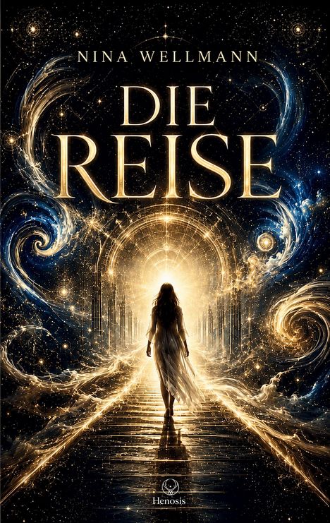 „Nina Wellmann: Die Reise“. Eine Person geht auf einen leuchtenden, von Wirbeln umgebenen Tunnel zu.