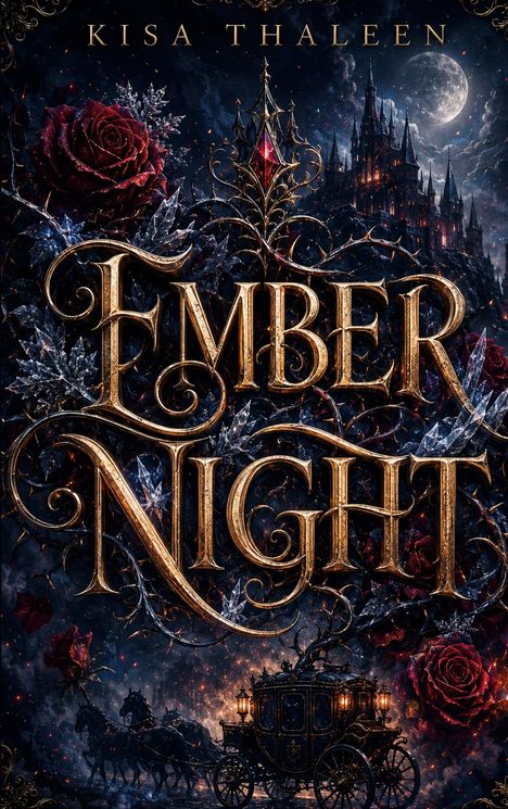 „Kisa Thaleen“ und „Ember Night“ in kunstvollen Buchstaben, dunkles Schloss, Vollmond, rote Rosen, Pferdekutsche.