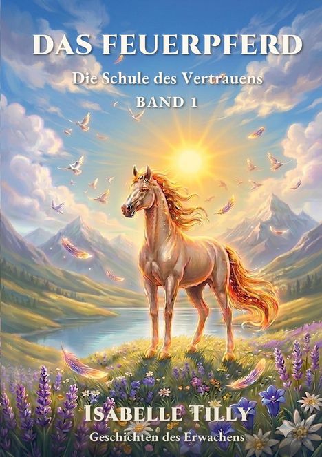 "DAS FEUERPFERD, Die Schule des Vertrauens, BAND 1, ISABELLE TILLY, Geschichten des Erwachens." Eine Illustration mit einem leuchtenden Pferd vor Bergen und Sonnenaufgang, umgeben von Vögeln und Blumen.