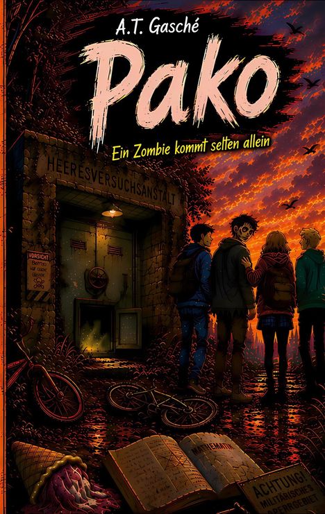 „A.T. Gasché: Pako, Ein Zombie kommt selten allein.“ Vier Jugendliche vor einem düsteren Gebäude bei Sonnenuntergang.