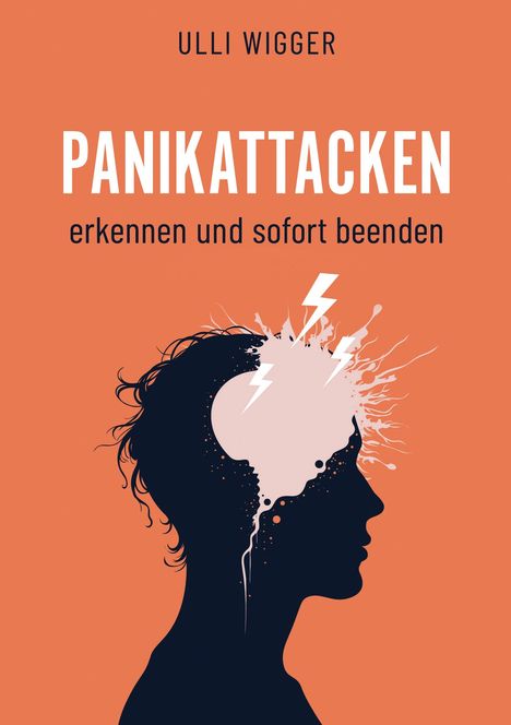 "ULLI WIGGER, PANIKATTACKEN erkennen und sofort beenden." Silhouette mit Blitzsymbolen im Kopf auf orangefarbenem Hintergrund.
