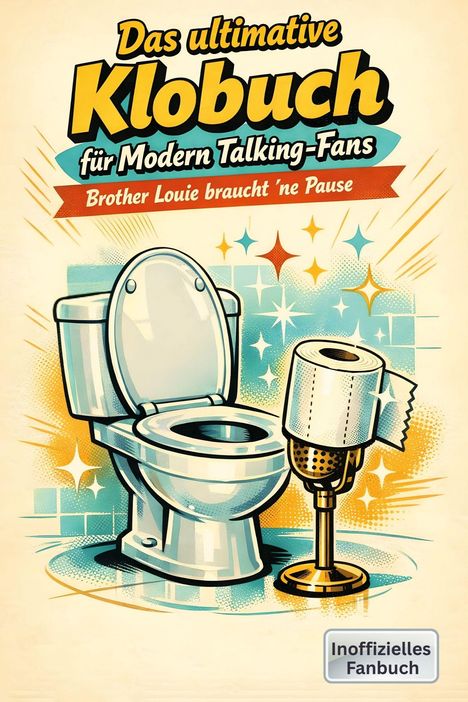 „Das ultimative Klobuch für Modern Talking-Fans. Brother Louie braucht 'ne Pause.“ Illustrative Toilette mit Papierrolle.