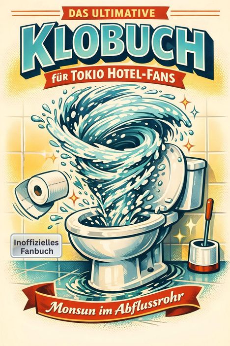 „Das ultimative KloBuch für Tokio Hotel-Fans“, „Inoffizielles Fanbuch“, „Monsun im Abflussrohr“. Illustration: Toilettenwirbel.