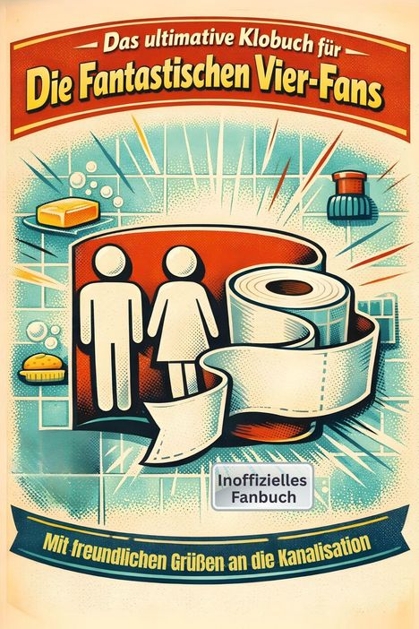 Text: „Das ultimative Klobuch für Die Fantastischen Vier-Fans“ und „Mit freundlichen Grüßen an die Kanalisation“. Illustration zeigt Toilettenpapier und Symbole.