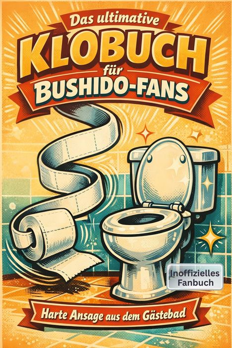 "Das ultimative Klobuch für Bushido-Fans", mit einer Zeichnung von Toilettenpapier und Toilette auf orange-blauem Hintergrund.