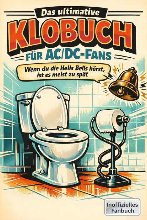 "Das ultimative KLOBuch für AC/DC-Fans. Wenn du die Hells Bells hörst, ist es meist zu spät. Inoffizielles Fanbuch." Illustration zeigt Toilette, Klopapier und Glocke.