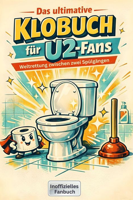 "Das ultimative KLOBuch für U2-Fans. Weltrettung zwischen zwei Spülgängen. Inoffizielles Fanbuch." Illustration: WC, Toilettenpapier.